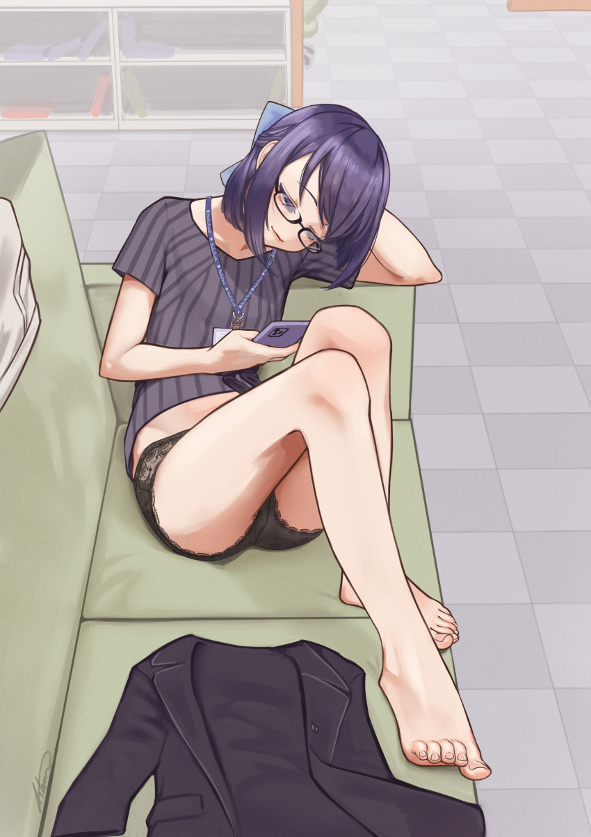 1girl a-chan_(hololive) absurdres aiharararara barefoot cellphone couch feet glasses half-closed_eyes highres hololive lanyard large_variant_set looking_at_phone medium_hair no_pants panties phone smartphone toes underwear variant_set virtual_youtuber