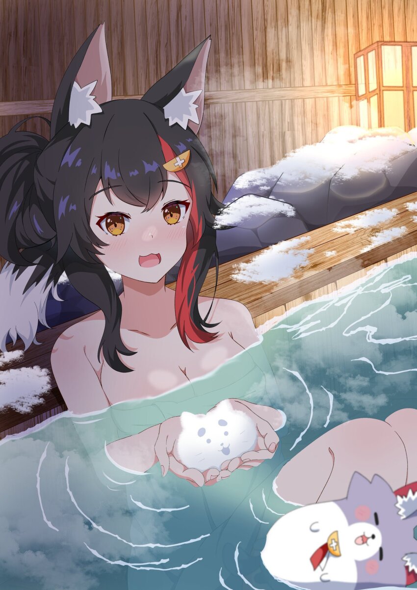 1girl :3 :3d :d animal_ear_fluff animal_ears bathing black_hair blush breasts cleavage ekaki_mato hair_ornament hairpin highres holding_snowman hololive large_breasts long_hair looking_at_viewer miofa_(ookami_mio) multicolored_hair onsen ookami_mio open_mouth ponytail red_hair sidelocks smile snow streaked_hair virtual_youtuber wolf wolf_ears wolf_girl yellow_eyes