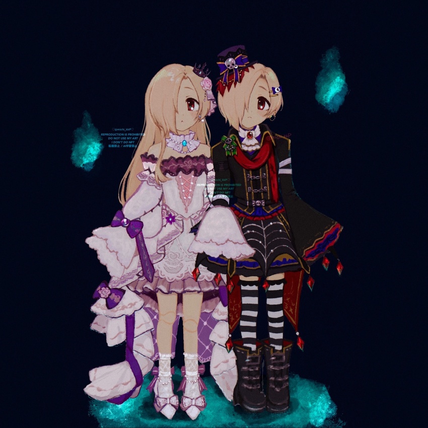 2girls ascot bare_shoulders blonde_hair boots doll_joints dress dual_persona expressionless flower full_body hair_flower hair_ornament hair_over_one_eye hat high_heels highres hitodama horizontal-striped_thighhighs idolmaster idolmaster_cinderella_girls jacket joints long_hair long_sleeves looking_at_viewer michi_kkp mini_hat mini_top_hat multiple_girls red_eyes shirasaka_koume short_hair skirt sleeves_past_fingers sleeves_past_wrists striped_clothes striped_thighhighs thighhighs top_hat white_dress zettai_ryouiki