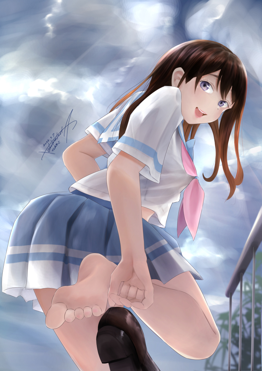 1girl absurdres artist_name bad_id blush brown_hair cloud cloudy_sky dated feet female_focus hibike!_euphonium highres inoue_junna kitauji_high_school_uniform lips long_hair looking_at_viewer open_mouth purple_eyes sailor_collar shoes signature skirt sky smile solo teeth toes unworn_shoes yashimahot