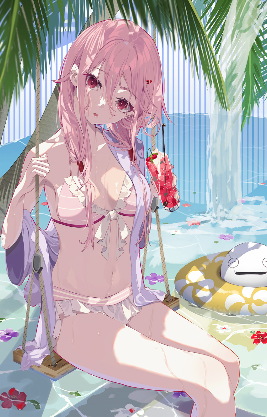 1girl :o a-tora bikini breasts cherry cleavage collarbone commentary cowboy_shot cup drinking_glass floral_print flower food frilled_bikini frills front-tie_bikini_top front-tie_top fruit fyu-neru glass guilty_crown hair_ornament hair_tubes head_tilt highres holding holding_cup holding_rope horizontal-striped_bikini innertube lower_teeth_only navel outdoors palm_tree pink_bikini pink_hair red_eyes rope sitting small_breasts solo_focus striped_bikini striped_clothes swim_ring swimsuit swing teeth tree tropical_drink water waterfall yellow_innertube yuzuriha_inori