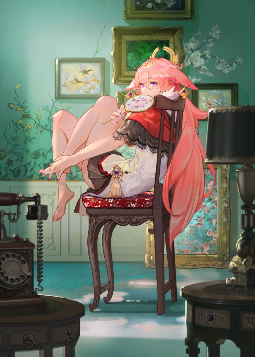 1girl absurdres animal_ears antique_phone bare_legs barefoot capelet chair corded_phone covering_own_mouth dress earrings fan_print feet floppy_ears floral_print flower fox_ears from_side full_body genshin_impact hair_between_eyes hair_flower hair_ornament hand_fan highres holding holding_fan holding_own_foot indoors jewelry knees_up lace_trim lamp long_hair looking_at_viewer miniskirt nail_polish on_chair painting_(object) phone pink_hair pink_nails pleated_skirt purple_eyes red_capelet rotary_phone sitting skirt smile solo tassel thighs toenail_polish toenails toes very_long_hair white_dress yae_miko zdo-zwei