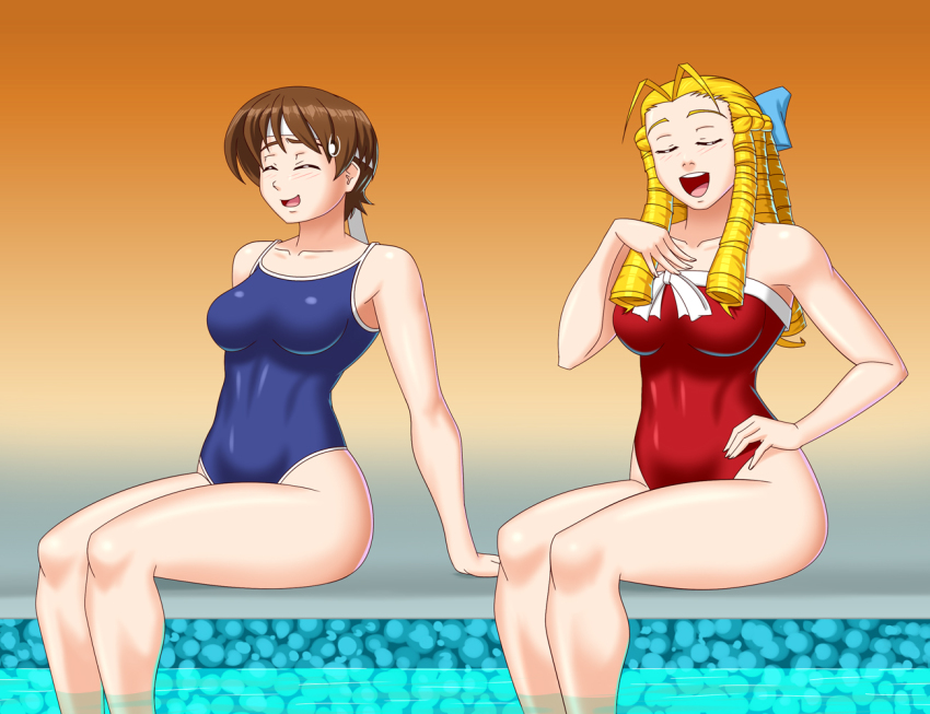 1990s_(style) 2girls antenna_hair blonde_hair bluebullpen breasts brown_hair competition_school_swimsuit closed_eyes headband kanzuki_karin kasugano_sakura large_breasts long_hair multiple_girls one-piece_swimsuit pool ringlets school_swimsuit short_hair street_fighter street_fighter_zero_(series) sweat swimsuit thick_thighs thighs