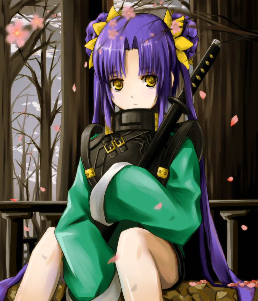 1girl bad_id bad_pixiv_id cherry_blossoms female_focus highres kikokugai kong_ruili long_hair max0201 nature outdoors purple_hair sitting sky solo sword weapon yellow_eyes