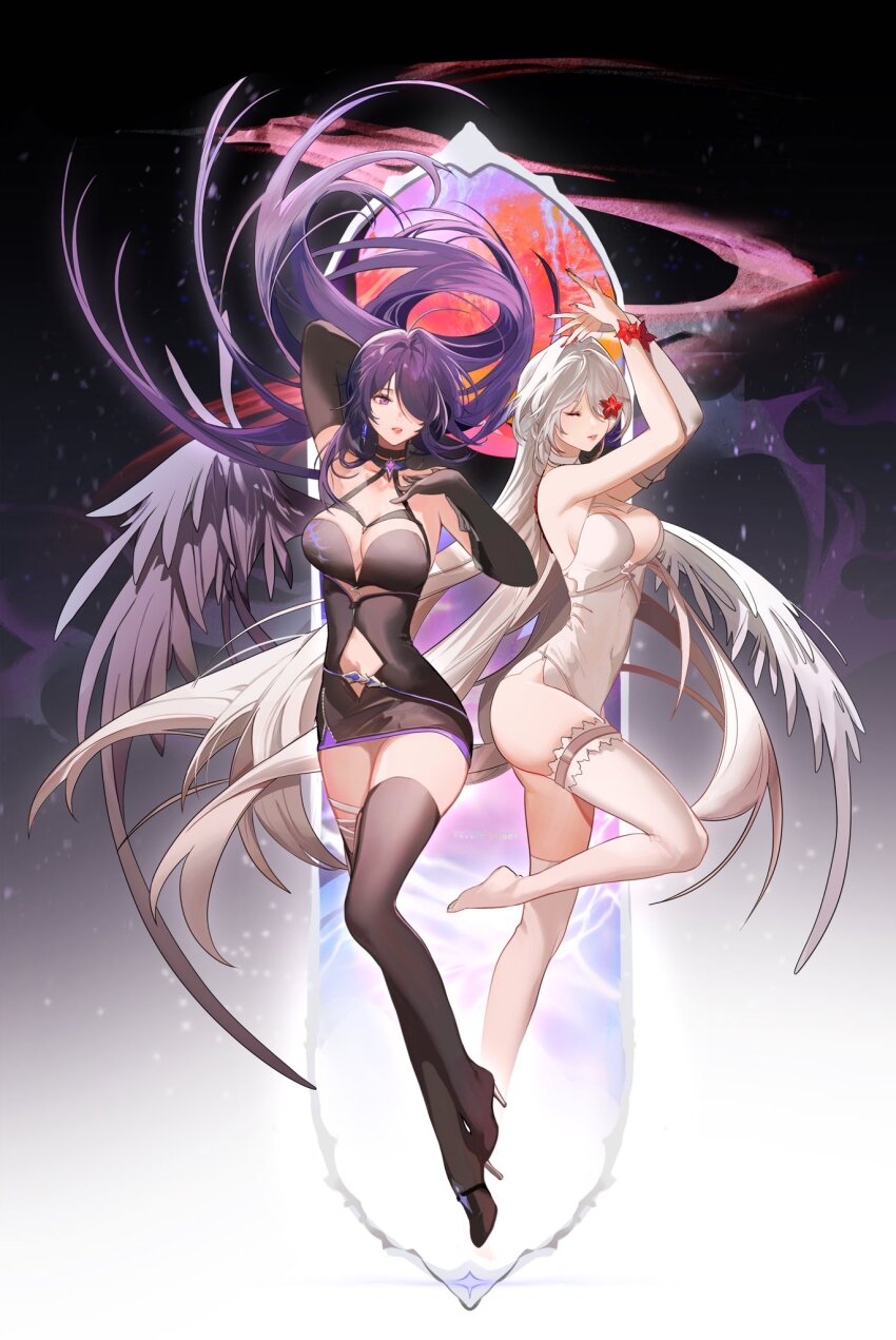 2girls acheron_(honkai:_star_rail) alternate_costume armpits arms_up bare_shoulders black_choker black_dress black_footwear black_gloves boots breasts choker cleavage closed_eyes clothing_cutout collarbone commentary dress dual_persona earrings elbow_gloves english_commentary fingernails floating_hair flower flower_over_eye full_body gloves hair_over_one_eye halterneck highres honkai:_star_rail honkai_(series) jewelry large_breasts long_hair multicolored_hair multiple_girls nail_polish navel_cutout nevercrymoon official_alternate_costume parted_lips purple_eyes purple_hair red_flower red_nails streaked_hair thigh_boots thighhighs thighs very_long_hair white_choker white_dress white_footwear white_hair white_thighhighs