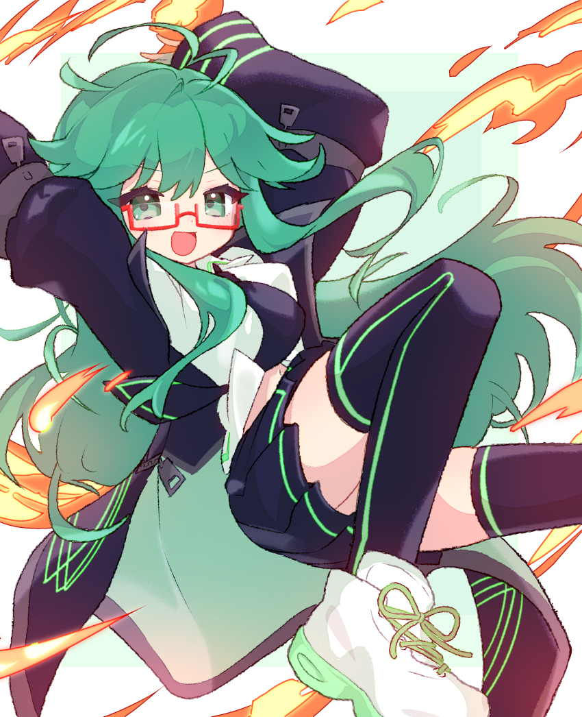 1girl :d absurdres antenna_hair aqua_eyes arms_up black_coat black_necktie black_skirt black_thighhighs borrowed_character breasts coat commission dot_nose feet_out_of_frame flipped_bangs glasses glowing green_background green_hair green_trim happy highres jumping knees_up long_hair long_sleeves looking_at_viewer medium_breasts midair midriff miniskirt navel necktie open_clothes open_coat open_mouth original pleated_skirt rectangular_eyewear red-framed_eyewear second-party_source shake_(noripasuta) shirt shoes sidelocks skirt smile sneakers solo thighhighs underlighting very_long_hair white_background white_footwear white_shirt wind zettai_ryouiki