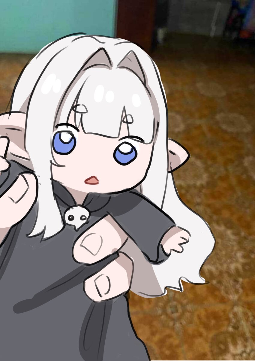 1girl 1other black_robe blue_eyes chestnut_mouth chibi hair_intakes highres long_hair looking_at_viewer meme monomogi open_mouth original photo-referenced photo_background pointy_ears pov pov_hands robe single_sidelock viktoria_riona_(monomogi) white_hair