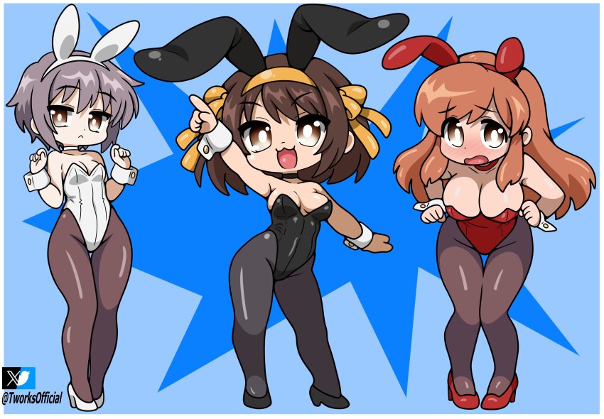 3girls absurdres animal_ears asahina_mikuru bow bowtie breasts brown_eyes brown_hair cleavage detached_collar fake_animal_ears grey_hair highres large_breasts leotard long_hair looking_at_viewer medium_breasts multiple_girls nagato_yuki open_mouth orange_hair pantyhose playboy_bunny rabbit_ears ribbon short_hair small_breasts smile strapless strapless_leotard suzumiya_haruhi suzumiya_haruhi_no_yuuutsu t-works wrist_cuffs yellow_ribbon