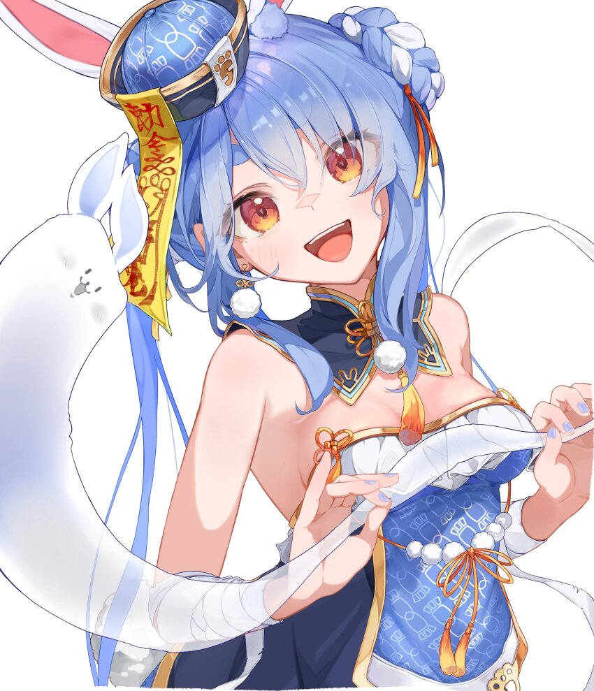 1girl :d absurdres animal_ears backless_dress backless_outfit bandaged_arm bandages banise bare_arms black_hat blue_hair blue_hat blue_nails blush braid braided_bun breasts chinese_clothes cleavage commentary_request detached_sleeves don-chan_(usada_pekora) double_bun dress earrings fingernails frills hair_between_eyes hair_bun hands_up hat head_tilt highres hikimayu hitodama hololive jewelry jiangshi_costume long_hair looking_at_viewer medium_breasts multicolored_hair nail_polish official_alternate_costume official_alternate_hairstyle ofuda open_mouth orange_eyes pom_pom_(clothes) pom_pom_earrings qingdai_guanmao rabbit_ears rabbit_girl short_eyebrows sideboob sidelocks simple_background smile solo strapless strapless_dress symbol-shaped_pupils talisman tassel teeth thick_eyebrows twintails two-tone_hair upper_body upper_teeth_only usada_pekora usada_pekora_(10th_costume) virtual_youtuber white_background white_hair