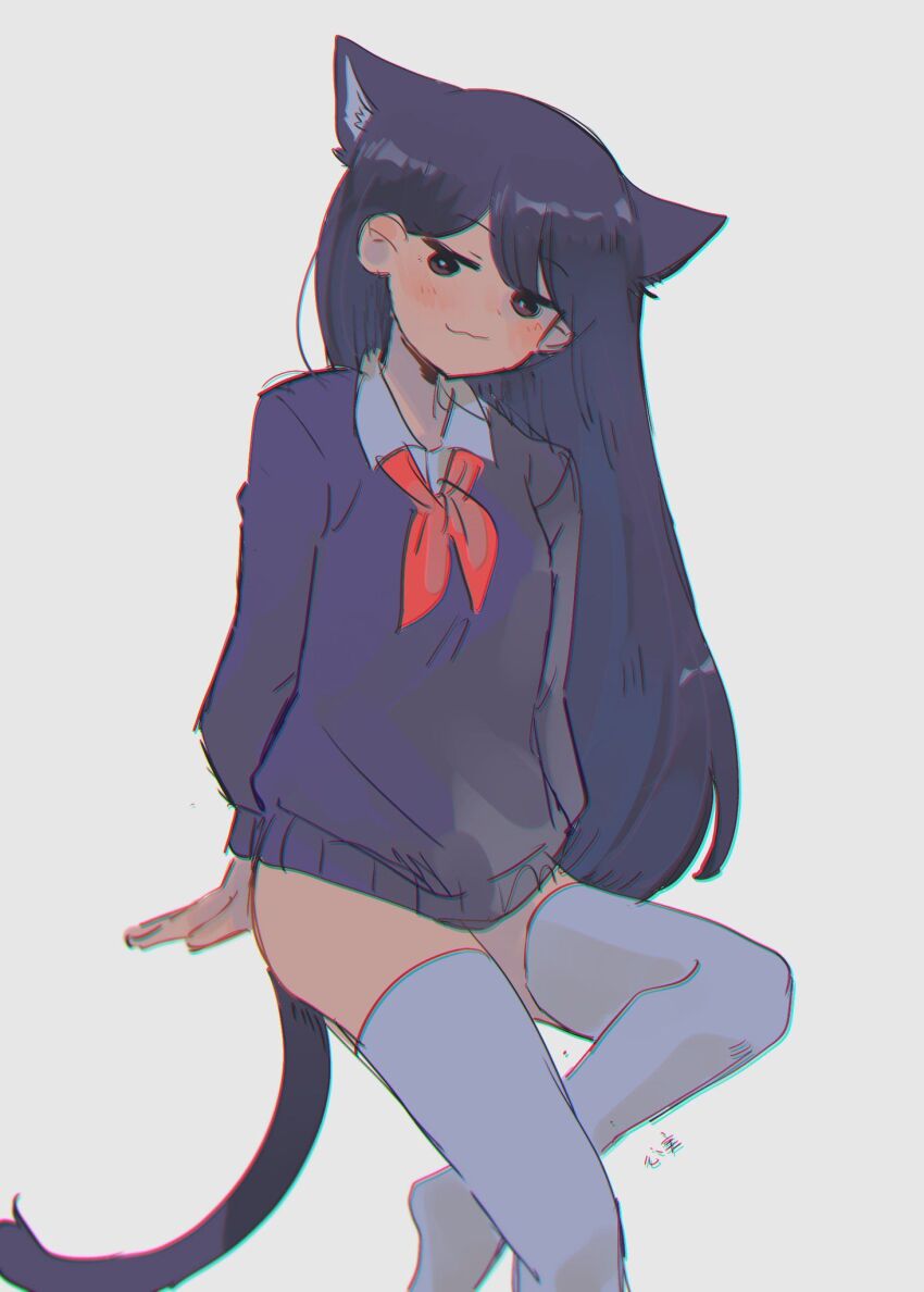 1girl :3 animal_ears arm_support bad_id bad_twitter_id black_eyes black_hair black_sweater black_tail blush bright_pupils cat_ears cat_girl cat_tail chromatic_aberration closed_mouth collared_shirt commentary english_commentary foot_out_of_frame grey_background hair_behind_ear hair_between_eyes highres invisible_chair kemonomimi_mode kokomi_(aniesuakkaman) long_hair long_sleeves looking_at_viewer mari_(faraway)_(omori) mari_(omori) neckerchief no_pants no_shoes omocat_(style) omori puffy_long_sleeves puffy_sleeves red_neckerchief shirt simple_background sitting solo straight_hair sweater tail thighhighs white_pupils white_shirt white_thighhighs