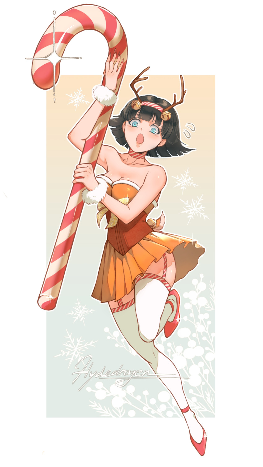 1girl black_hair blue_eyes breasts candy candy_cane cleavage collarbone dragon_ball dragonball_z fake_antlers flying_sweatdrops food full_body garter_straps highres holding holding_candy holding_candy_cane holding_food hydeover9000 open_mouth oversized_food oversized_object pleated_skirt red_footwear short_hair signature skirt solo sparkle striped_choker thighhighs videl white_thighhighs