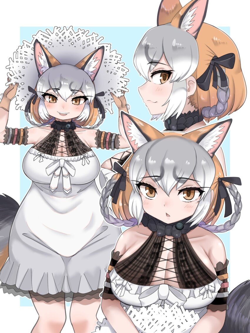 1girl animal_ears aramaru bare_shoulders belt brown_eyes dress extra_ears fox_ears fox_girl fox_tail gloves grey_hair hat highres island_fox_(kemono_friends) kemono_friends kemono_friends_v_project long_hair looking_at_viewer microphone orange_hair ribbon simple_background smile sundress tail virtual_youtuber