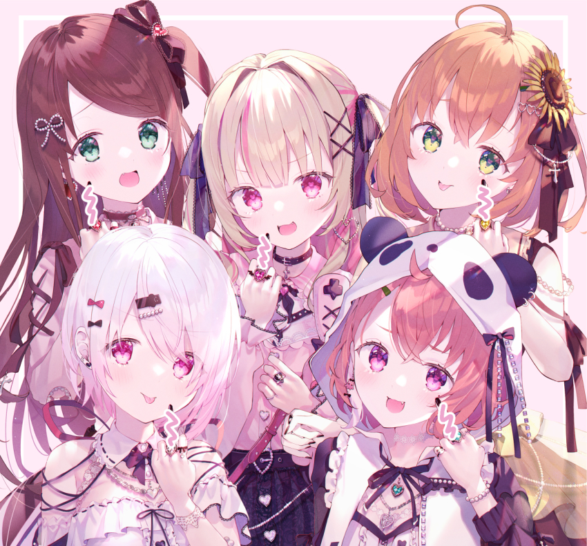 5girls akabane_youko alternate_costume collar commentary_request fingernails flower hair_flower hair_ornament highres honma_himawari hood hooded_jacket jacket kappe_reeka long_hair looking_at_viewer makaino_ririmu multiple_girls nijisanji official_art sasaki_saku sasaki_saku_(1st_costume) shiina_yuika simple_background smile sunflower sunflower_hair_ornament virtual_youtuber white_background