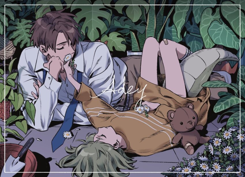 2boys bandaid bandaid_on_knee bandaid_on_leg belt blue_necktie bottomless brown_eyes brown_hair brown_pants closed_eyes double-parted_bangs dragon_boy dragon_tail flower full_body green_hair hana_(adey) henry_(adey) holding holding_flower lying medium_hair multiple_boys necktie on_back on_stomach open_belt original oversized_clothes pants parted_bangs plant potted_plant shirt short_hair socks spiked_hair stuffed_animal stuffed_toy tail teddy_bear ten_(lu2948d) trap white_flower white_shirt white_socks yellow_shirt