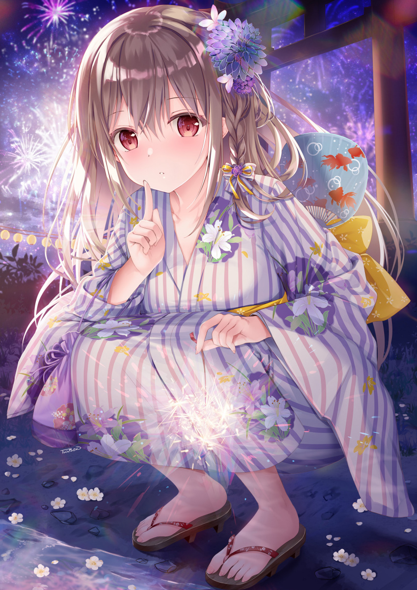 1girl absurdres aerial_fireworks blush bow braid brown_hair commentary finger_to_mouth fireworks floral_print flower full_body hair_between_eyes hair_bow hand_fan hand_up highres holding holding_fireworks holding_sparkler japanese_clothes kimono long_hair long_sleeves looking_at_viewer maeda_shiori md5_mismatch night outdoors paper_fan parted_lips print_kimono purple_bow red_eyes resolution_mismatch sandals senkou_hanabi shushing solo source_smaller sousouman sparkler squatting striped_clothes striped_kimono torii twinbox_school uchiwa vertical-striped_clothes vertical-striped_kimono white_flower wide_sleeves