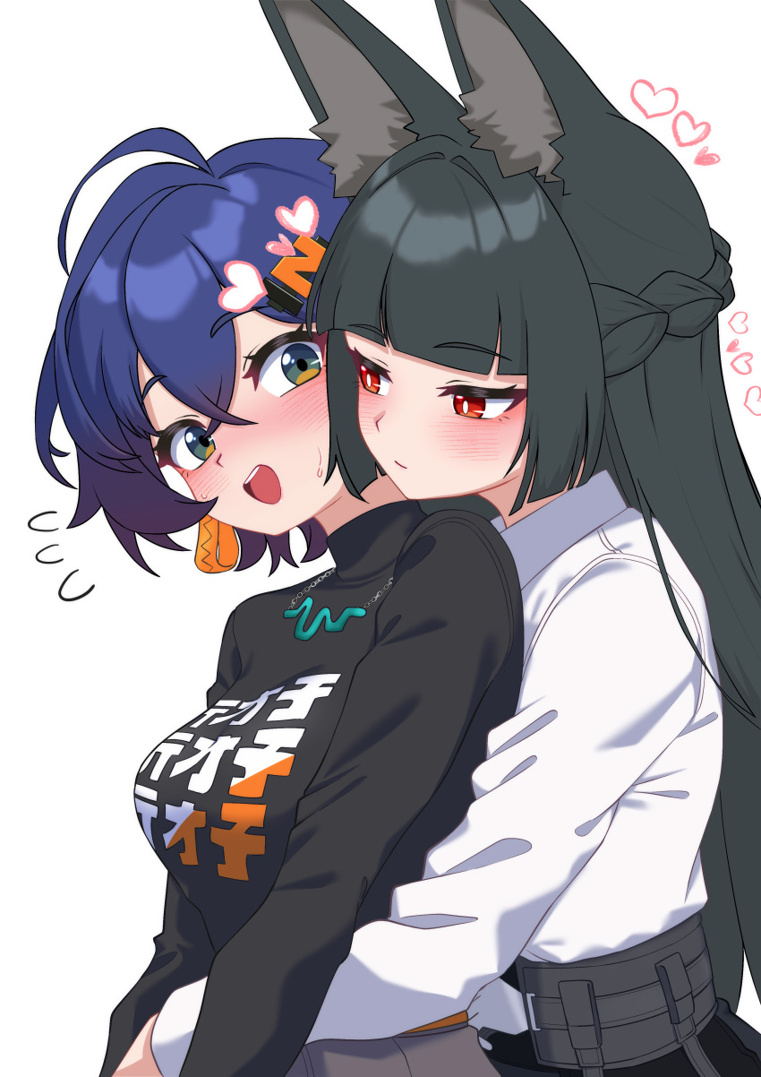 2girls absurdres animal_ear_fluff animal_ears belle_(zenless_zone_zero) black_hair black_shirt blue_hair blunt_bangs blush breasts closed_mouth commentary english_commentary fox_ears green_eyes hair_between_eyes heart highres hoshimi_miyabi hug hug_from_behind long_hair long_sleeves looking_at_another medium_breasts medium_hair multiple_girls oldsickkim open_mouth red_eyes shirt teeth textless_version upper_body upper_teeth_only very_long_hair white_shirt yuri zenless_zone_zero