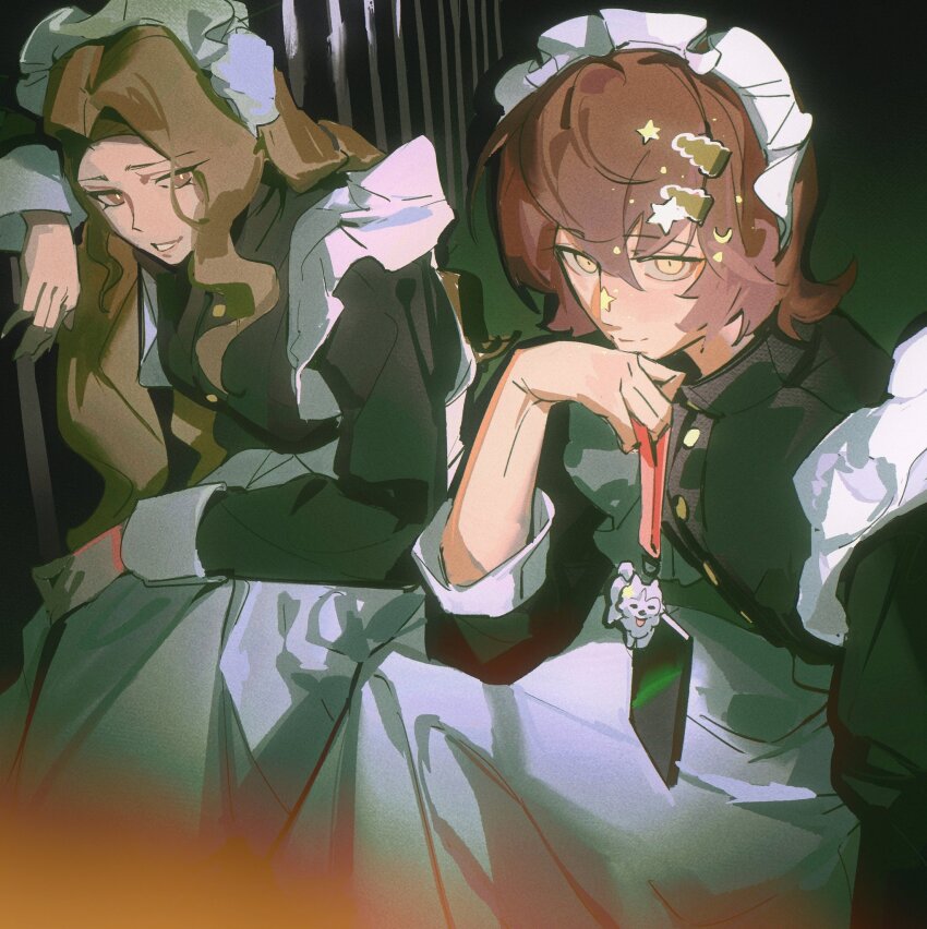 1boy 1girl apron brown_eyes brown_hair charm_(object) classicaloid closed_mouth crossdressing franz_liszt_(classicaloid) frederic_chopin_(classicaloid) geiwotingla2 hair_between_eyes hair_ornament hairclip highres long_sleeves looking_at_viewer maid maid_headdress male_maid parted_lips short_hair sititng sticker_on_face white_apron