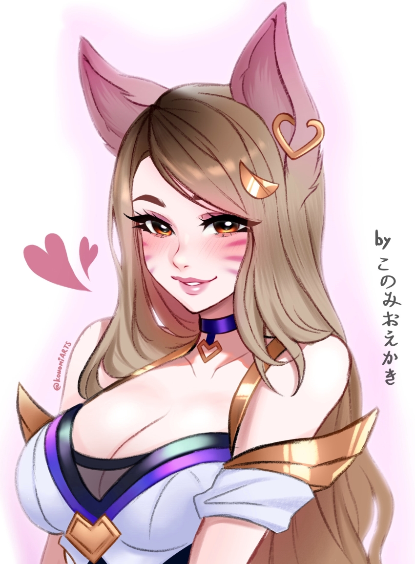 1girl ahri_(league_of_legends) animal_ears bare_shoulders breasts brown_eyes brown_hair cleavage dress earrings fox_ears fox_girl grin hair_ornament heart highres jewelry k/da_(league_of_legends) k/da_ahri konomidraws large_breasts league_of_legends lips long_hair looking_at_viewer off-shoulder_dress off_shoulder outline pink_outline simple_background smile solo upper_body white_background white_dress