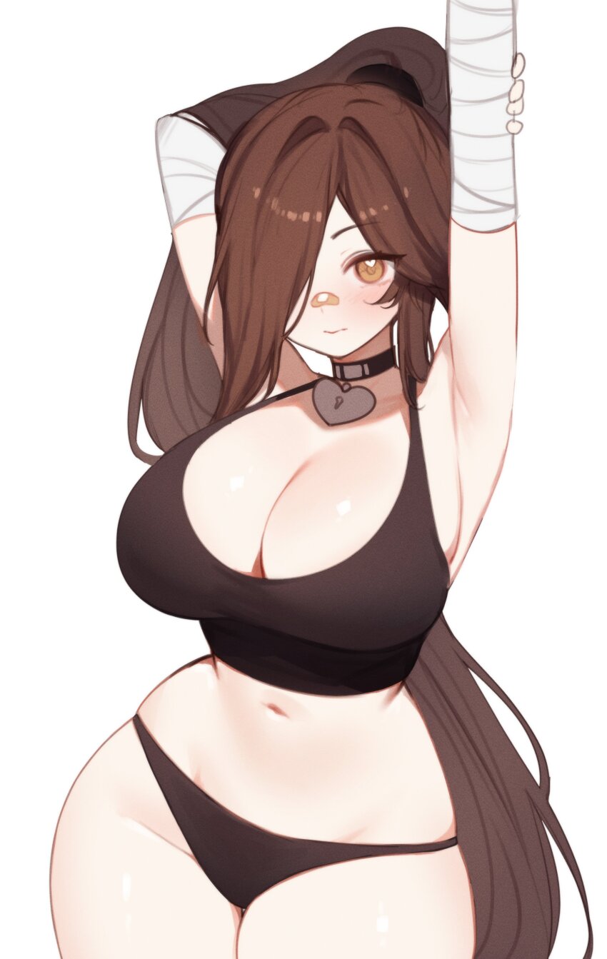 1girl absurdres armpits arms_up bandaged_arm bandages bandaid bandaid_on_face black_choker black_collar black_panties breasts brown_eyes brown_hijab choker cleavage collar expressionless groin hair_intakes heart heart_collar heart_in_eye highres indie_virtual_youtuber large_breasts long_hair navel panties simple_background sky_above_me sky_above_me_(vtuber) solo sports_bra stomach symbol_in_eye thighs underwear very_long_hair virtual_youtuber white_background wide_hips