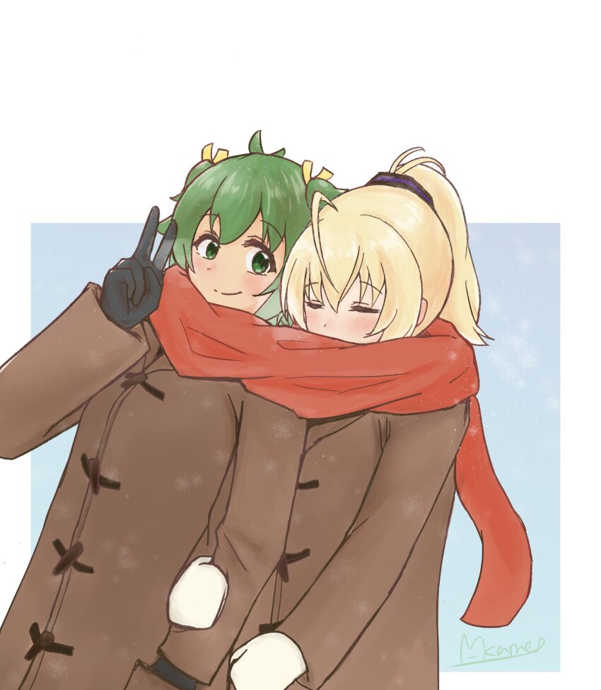 2girls ahoge andou_tazusa antenna_hair arm_hug artist_name assault_lily black_gloves blonde_hair blue_background blush brown_coat closed_eyes closed_mouth coat commentary_request covered_mouth gloves gradient_background green_eyes green_hair hair_between_eyes hair_ribbon hand_in_pocket hand_up high_ponytail highres long_sleeves looking_at_viewer marukame_ten mittens multiple_girls pocket ponytail purple_ribbon red_scarf ribbon scarf shared_clothes shared_scarf short_hair side-by-side snowing standing two_side_up upper_body v white_background white_mittens winter_clothes yellow_ribbon yoshimura_thi_mai yuri