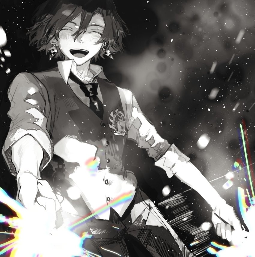 1boy :d ^_^ closed_eyes collared_shirt constantine_xi_(fate) cowboy_shot earrings facing_viewer fate/grand_order fate_(series) fireworks greyscale hair_between_eyes happy highres holding holding_fireworks jewelry kitada male_focus monochrome necktie night open_collar open_mouth pants rainbow shirt short_hair sleeves_rolled_up smile solo sparkler spot_color teeth upper_teeth_only vest