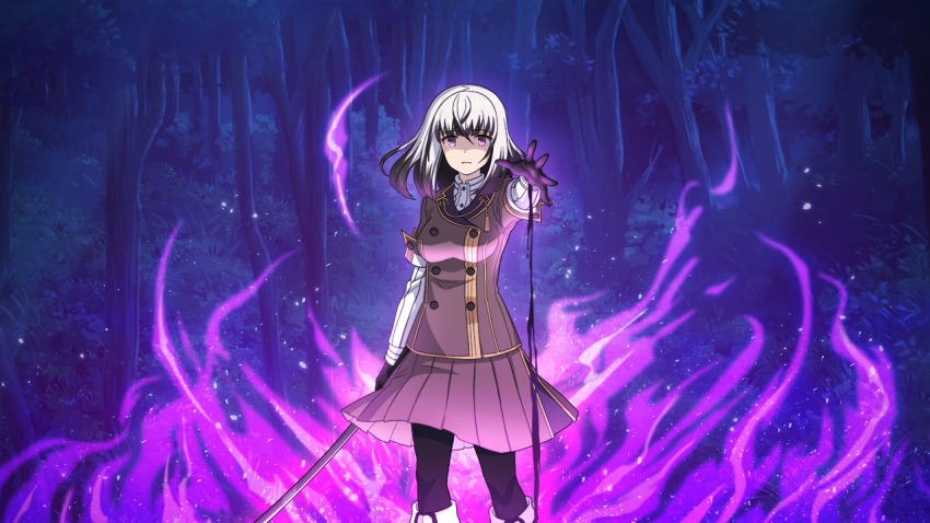 1girl aura black_gloves black_hair black_pantyhose blunt_bangs boots breasts brown_jacket brown_skirt buttons closed_mouth collared_shirt colored_tips double-breasted forest game_cg gloves holding holding_sword holding_weapon jacket katana liquid long_sleeves looking_at_viewer medium_breasts medium_hair multicolored_hair nature non-web_source origami_family&#039;s_elite_guard_uniform pantyhose pleated_skirt satsuki_yomi shaded_face shirt skirt solo standing striped_clothes striped_shirt sword toji_no_miko toji_no_miko:_kizamishi_issen_no_tomoshibi tree weapon white_hair white_shirt