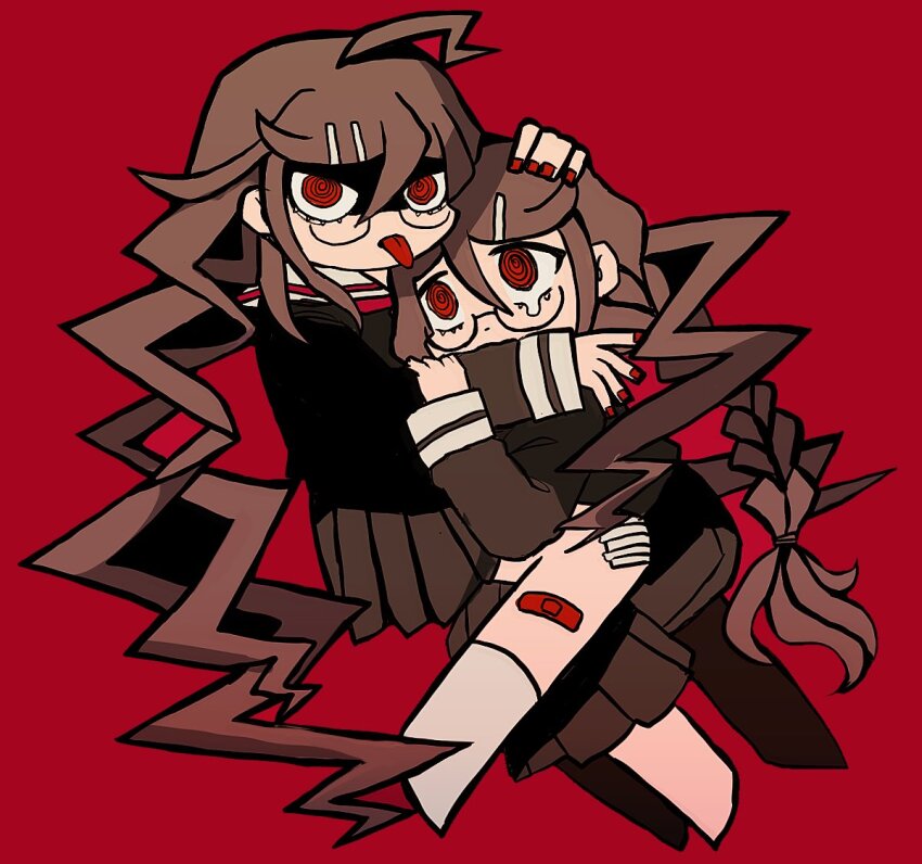 2girls ahoge bandaid bandaid_on_leg braid commentary danganronpa:_trigger_happy_havoc danganronpa_(series) danganronpa_another_episode:_ultra_despair_girls dual_persona fukawa_toko funya_(nekokaitaia) genocider_shou glasses jimiko long_hair long_skirt long_tongue looking_up multiple_girls red_background red_eyes red_nails school_uniform serafuku skirt symbol-only_commentary teardrop tongue tongue_out twin_braids