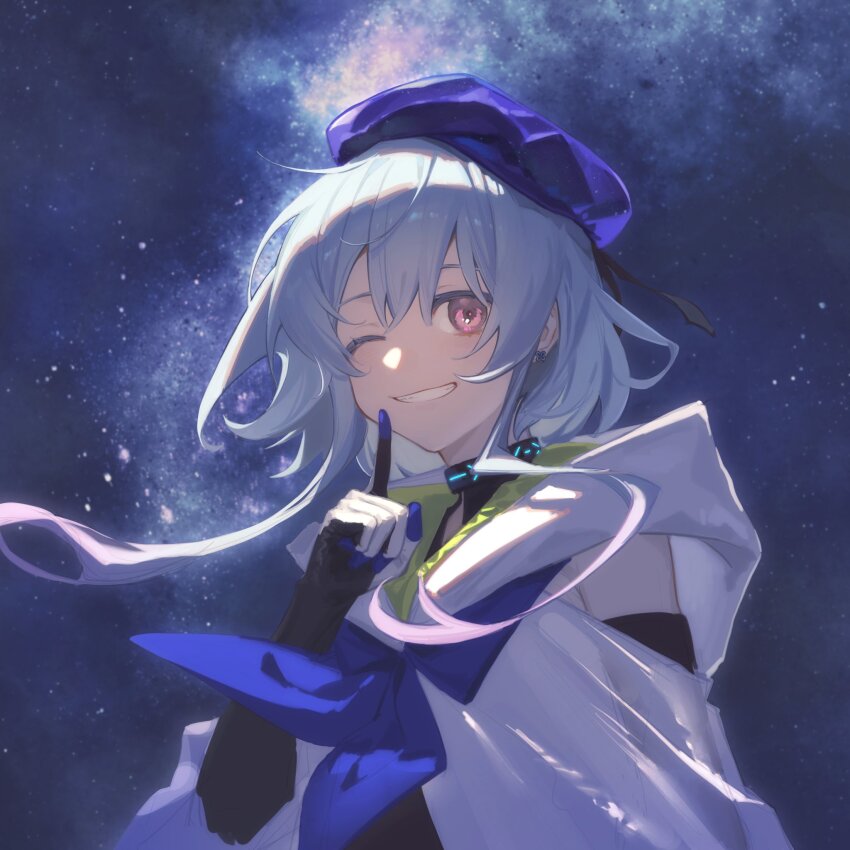 1boy arknights beret black_gloves blue_hair blue_hat blue_sky blush clothing_cutout commentary_request elbow_gloves gloves grin hat highres infection_monitor_(arknights) jacket looking_at_viewer male_focus mizuki_(arknights) night night_sky one_eye_closed outdoors pink_eyes poncho short_hair_with_long_locks shoulder_cutout sky smile solo star_(sky) starry_sky two-sided_gloves white_gloves white_jacket youling_niao_(siye_233)