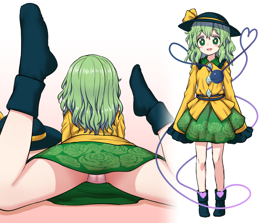 1girl ass green_eyes green_hair green_skirt hat heart heart_of_string highres itou_yuuji komeiji_koishi long_sleeves open_mouth panties shirt short_hair skirt smile solo third_eye touhou underwear yellow_shirt