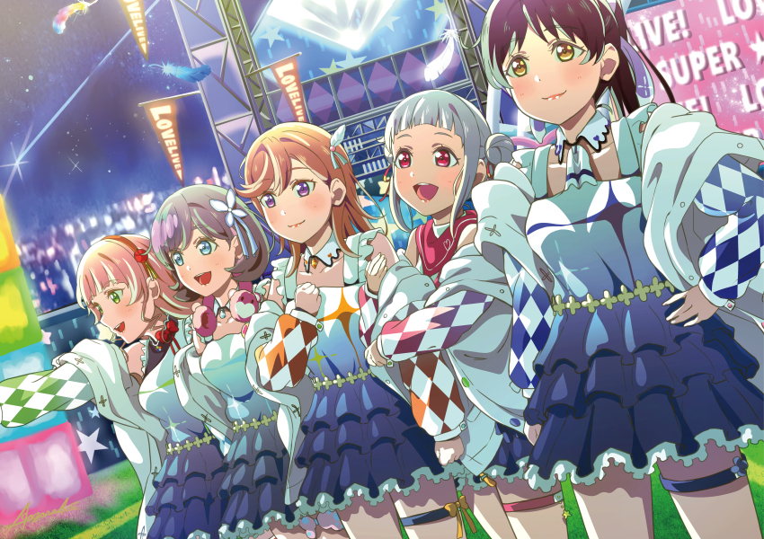 5girls absurdres aozora_aoi arashi_chisato arm_hug black_hair blonde_hair blue_eyes breasts collarbone commentary_request double_bun dress english_text feathers frilled_dress frills green_eyes grey_hair hair_bun hair_ornament hairband hajimari_wa_kimi_no_sora hand_on_own_chest hand_on_own_hip hazuki_ren headphones headphones_around_neck heanna_sumire highres jacket long_hair love_live! love_live!_superstar!! medium_breasts multiple_girls night night_sky official_alternate_costume orange_hair ponytail purple_eyes red_eyes revision shibuya_kanon shooting_star short_hair sidelocks signature sky star_(sky) starry_sky tang_keke white_hair yellow_eyes