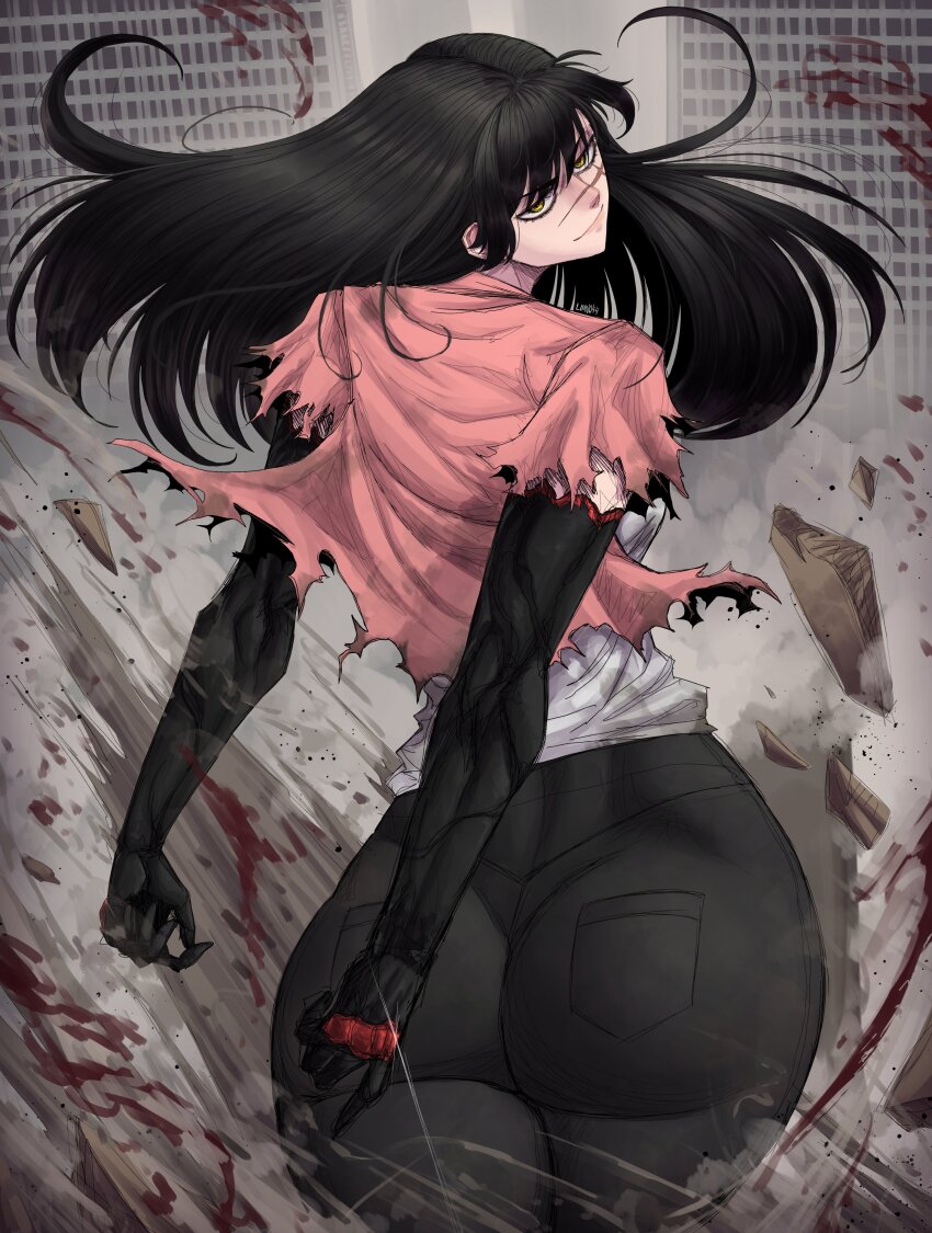 1girl absurdres artist_name ass ass_focus black_hair black_pants blood chainsaw_man city facial_mark female_focus highres huge_ass limn044 long_hair looking_at_viewer looking_back pants scar scar_on_face toned_female torn_clothes yellow_eyes yoru_(chainsaw_man)