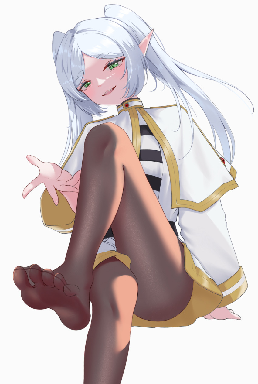 1girl absurdres aone_715 crossed_legs elf feet foot_focus frieren green_eyes grin highres long_hair looking_at_viewer open_mouth pantyhose pointy_ears presenting_foot simple_background smile soles solo sousou_no_frieren thighs toes twintails white_background white_hair