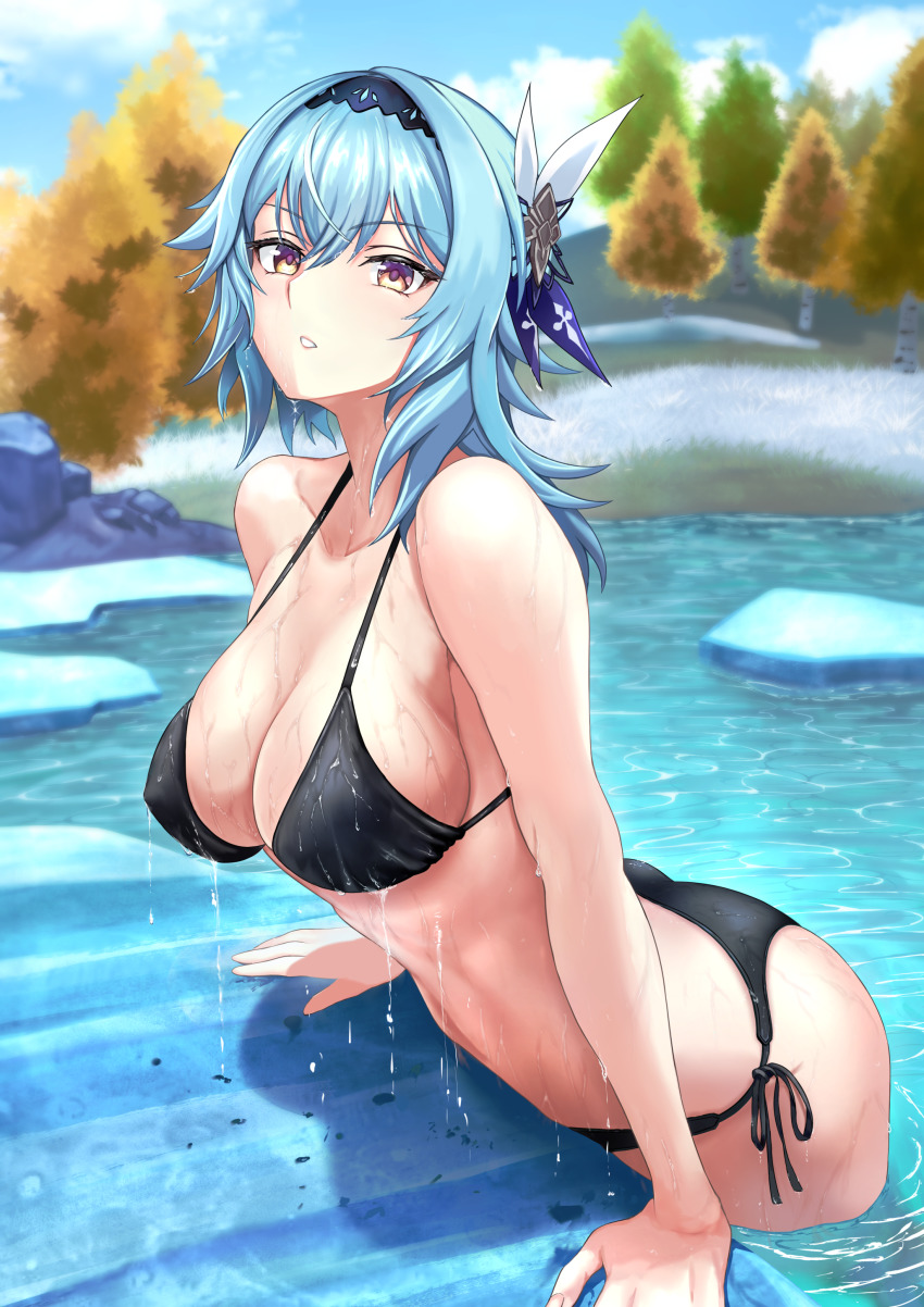 1girl absurdres bare_shoulders bikini black_bikini black_hairband blue_hair blush breasts cleavage collarbone eula_(genshin_impact) genshin_impact hair_ornament hairband harukey highres large_breasts looking_at_viewer medium_hair navel parted_lips purple_eyes sidelocks solo swimsuit wet