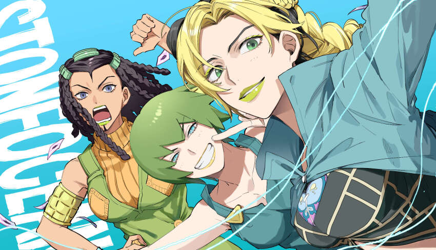 3girls black_hair blue_eyes braid braided_ponytail breasts cone_hair_bun dreadlocks ermes_costello foo_fighters_(jojo) green_eyes green_hair green_lips green_overalls grin hair_bun highres jojo_no_kimyou_na_bouken kuujou_jolyne light_smile long_hair looking_at_viewer medium_breasts multicolored_hair multiple_girls overalls pointing pointing_at_self purple_eyes short_hair smile spider_web_print stone_ocean two-tone_hair unraveling v-shaped_eyebrows yellow_lips yezi_(yo10ru29ko)