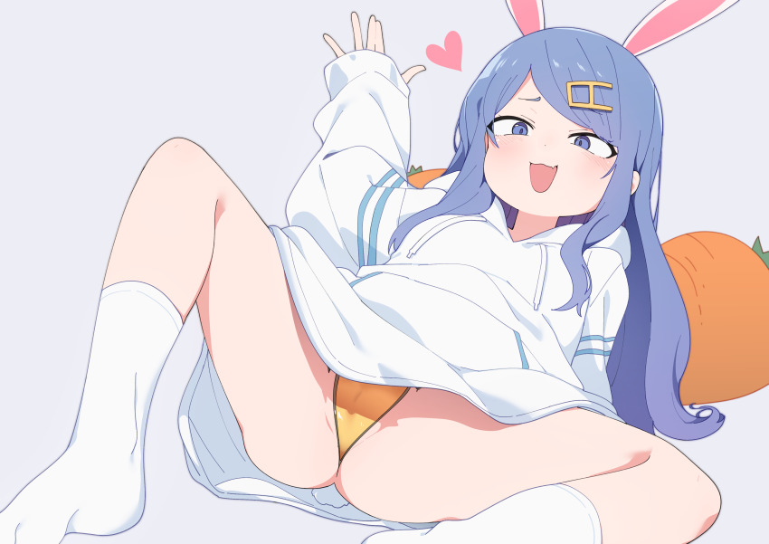 1girl :3 absurdres animal_ears blue_eyes blue_hair blush commission fang grey_background hair_ornament heart highres hood hood_down hoodie long_hair long_sleeves looking_at_viewer luke_(dydansgur) open_mouth orange_panties original panties partially_visible_vulva rabbit_ears rabbit_girl rabbit_tail simple_background sitting sleeves_past_wrists socks solo stuffed_carrot stuffed_toy tail underwear white_hoodie white_socks