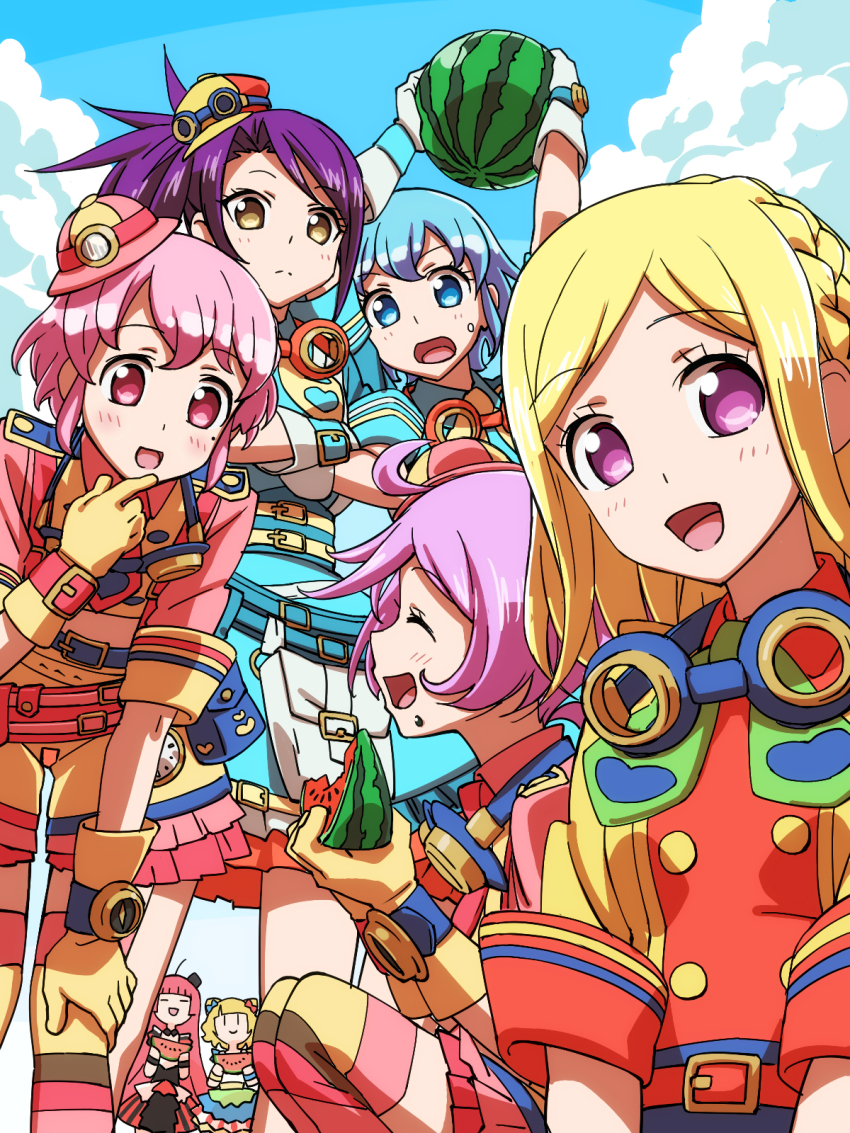 1boy 6+girls blonde_hair blue_eyes blue_hair blue_sky braid cloud cloudy_sky dorothy_west everyone food fruit hat highres hojo_sophy holding holding_food holding_fruit holding_watermelon idol_clothes long_hair looking_at_viewer manaka_laala masunikuru midorikaze_fuwari minami_mirei mini_hat mini_top_hat multiple_girls outdoors pink_hair pretty_series pripara purple_eyes purple_hair red_eyes red_hair reona_west short_hair side_ponytail single_braid sitting sky smile standing top_hat toudou_shion watermelon yellow_eyes