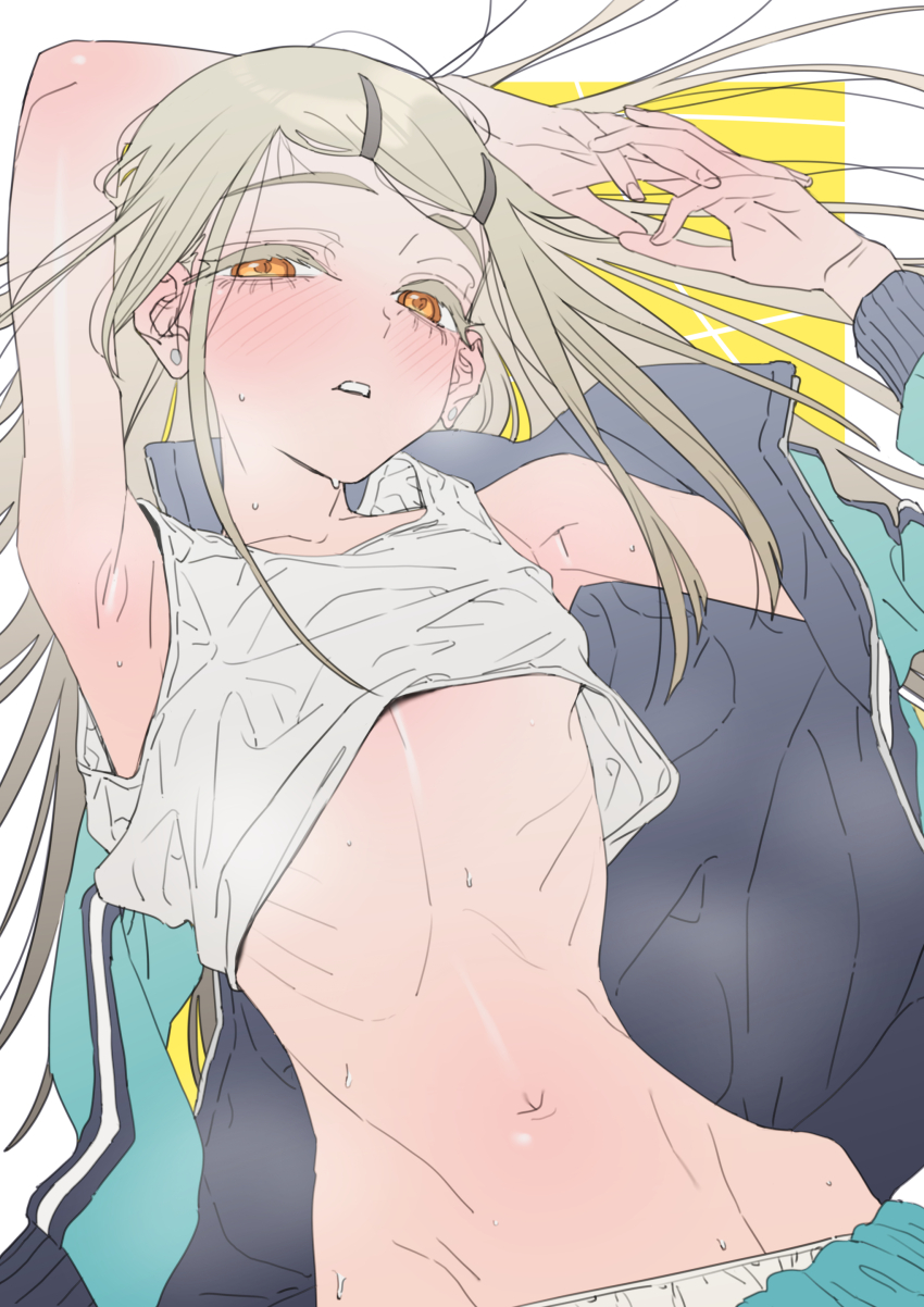 1girl absurdres arm_up armpits blonde_hair blush breasts camisole collarbone colored_eyelashes earrings emaciated gakuen_idolmaster grey_hair hair_ornament hairclip highres idolmaster interlocked_fingers jacket jewelry long_hair looking_at_viewer naga-agan navel open_mouth orange_eyes ribs shinosawa_hiro shirt shorts simple_background skinny sleeveless smile solo sweat track_jacket white_background white_camisole