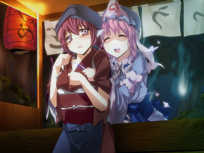 2girls animal_ears asskiler blush bug butterfly female_focus food_stand fork happy hat headscarf bug japanese_clothes lantern multiple_girls mystia_lorelei night noren okamisty paper_lantern pink_eyes pink_hair saigyouji_yuyuko short_hair tears touhou wings