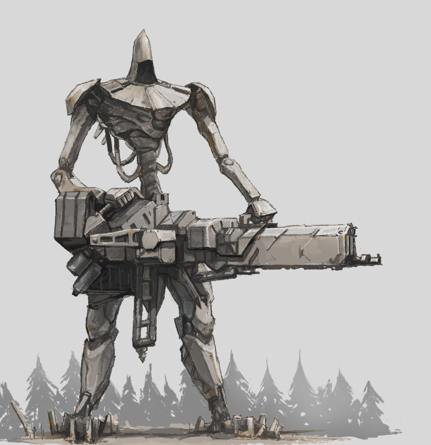 cup faceless forest full_body highres holding holding_weapon mecha mechanical_arms mechanical_legs nature no_humans original robot science_fiction simple_background solo tsuboi_hajime weapon