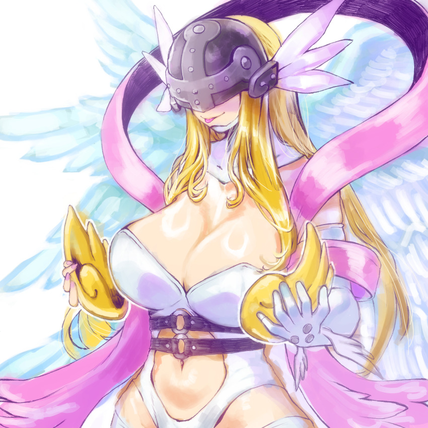 1girl angel angel_wings angewomon armor asymmetrical_clothes bare_shoulders belt blonde_hair bodysuit breastplate breasts cleavage closed_mouth clothing_cutout commentary_request covered_eyes cowboy_shot digimon digimon_(creature) elbow_gloves feathered_wings gerusyu gloves hagoromo helmet helmet_over_eyes highres large_breasts long_hair multiple_wings nail_polish navel navel_cutout o-ring o-ring_belt pink_ribbon ribbon shawl simple_background single_elbow_glove skindentation smile solo stomach stomach_cutout tongue tongue_out unworn_armor white_background white_bodysuit white_gloves white_wings winged_helmet wings