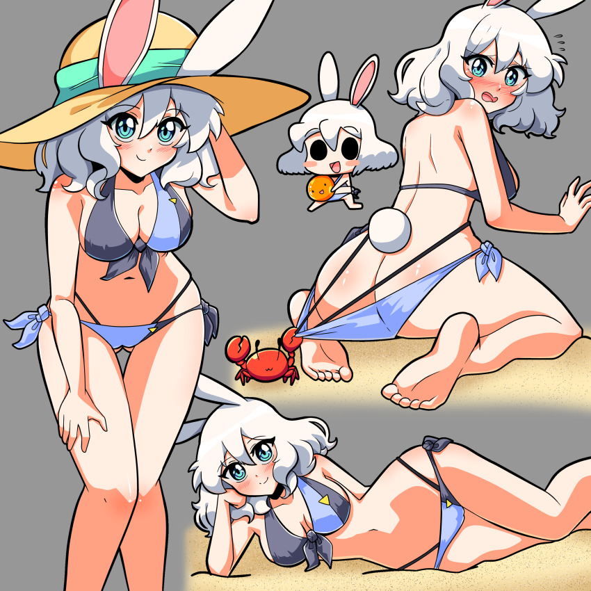 1girl absurdres acefish animal_ears back bikini bikini_bottom_pull blue_eyes blush breasts cleavage closed_mouth crab from_behind hat highres looking_at_viewer looking_back looking_down lying mary_(acefish) navel notice_lines on_side open_mouth original pulling rabbit rabbit_ears rabbit_girl rabbit_tail sand shiny_skin short_hair sitting smile solo straw_hat swimsuit tail wariza white_hair