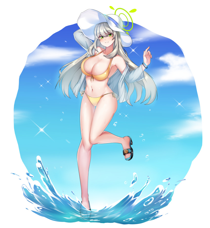 1girl absurdres bikini blue_archive flip-flops highres mapyarong nonomi_(blue_archive) nonomi_(swimsuit)_(blue_archive) sandals solo swimsuit water