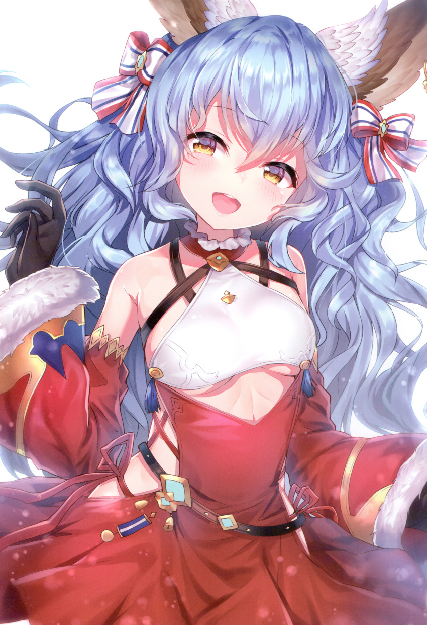 1girl absurdres animal_ears bare_shoulders black_gloves blue_hair bow breasts brown_eyes dress erune ferry_(granblue_fantasy) ferry_(santa_minidress)_(granblue_fantasy) fur_trim gloves granblue_fantasy hair_bow hand_up highres long_hair looking_at_viewer red_dress scan simple_background small_breasts smile solo teeth topia upper_body upper_teeth_only white_background