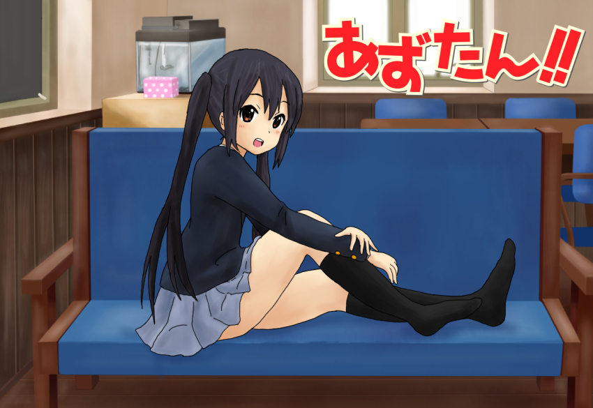 1girl bench black_hair black_socks chair dot_nose female_focus fish_tank full_body hirondo indoors k-on! legs long_hair long_sleeves looking_at_viewer nakano_azusa no_shoes open_mouth ribbon sakuragaoka_high_school_uniform sitting skirt socks solo table teeth twintails