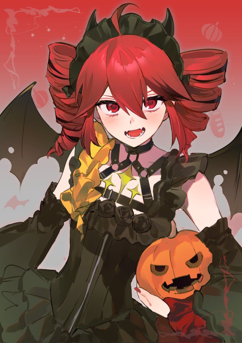 1girl ahoge black_choker black_dress black_hairband choker commentary demon_horns demon_wings detached_sleeves dress drill_hair fake_horns fake_wings fangs frilled_dress frilled_hairband frilled_sleeves frills gothic_lolita hairband highres holding holding_pumpkin horns jack-o&#039;-lantern kasane_teto lolita_fashion looking_at_viewer open_mouth pumpkin red_background red_eyes red_hair red_nails sidelocks skeletall solo symbol-only_commentary twin_drills utau wings