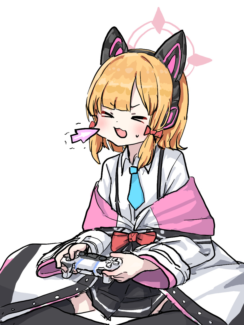 &gt;_&lt; 1girl :3 animal_ear_headphones animal_ears black_skirt black_thighhighs blonde_hair blue_archive blue_necktie blunt_bangs blush bow cat_ears collared_shirt commentary_request controller cursor fake_animal_ears feet_out_of_frame game_controller gamepad hair_bow halo headphones highres holding holding_controller holding_game_controller indian_style jacket jacket_partially_removed korean_commentary long_sleeves medium_hair miniskirt momoi_(blue_archive) necktie open_mouth pink_halo pulled_by_cursor red_bow school_uniform shirt short_necktie sidelocks simple_background sitting skirt solo sweatdrop thighhighs uranium10 v-shaped_eyebrows white_background white_jacket white_shirt wide_sleeves zettai_ryouiki