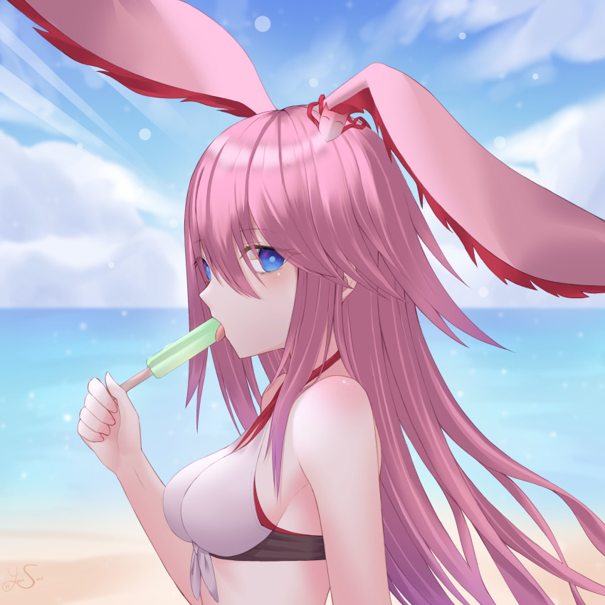 1girl absurdres animal_ears bare_shoulders beach bikini blue_eyes blue_sky breasts cloud commentary_request day eating female_focus food fox_ears from_side hair_between_eyes highres holding holding_food honkai_(series) honkai_impact_3rd large_breasts long_hair looking_at_viewer ocean pink_hair popsicle signature sky solo swimsuit tongue tongue_out upper_body water white_bikini yae_sakura yae_sakura_(gyakushinn_miko) yae_sakura_(summer_dream) yansae81