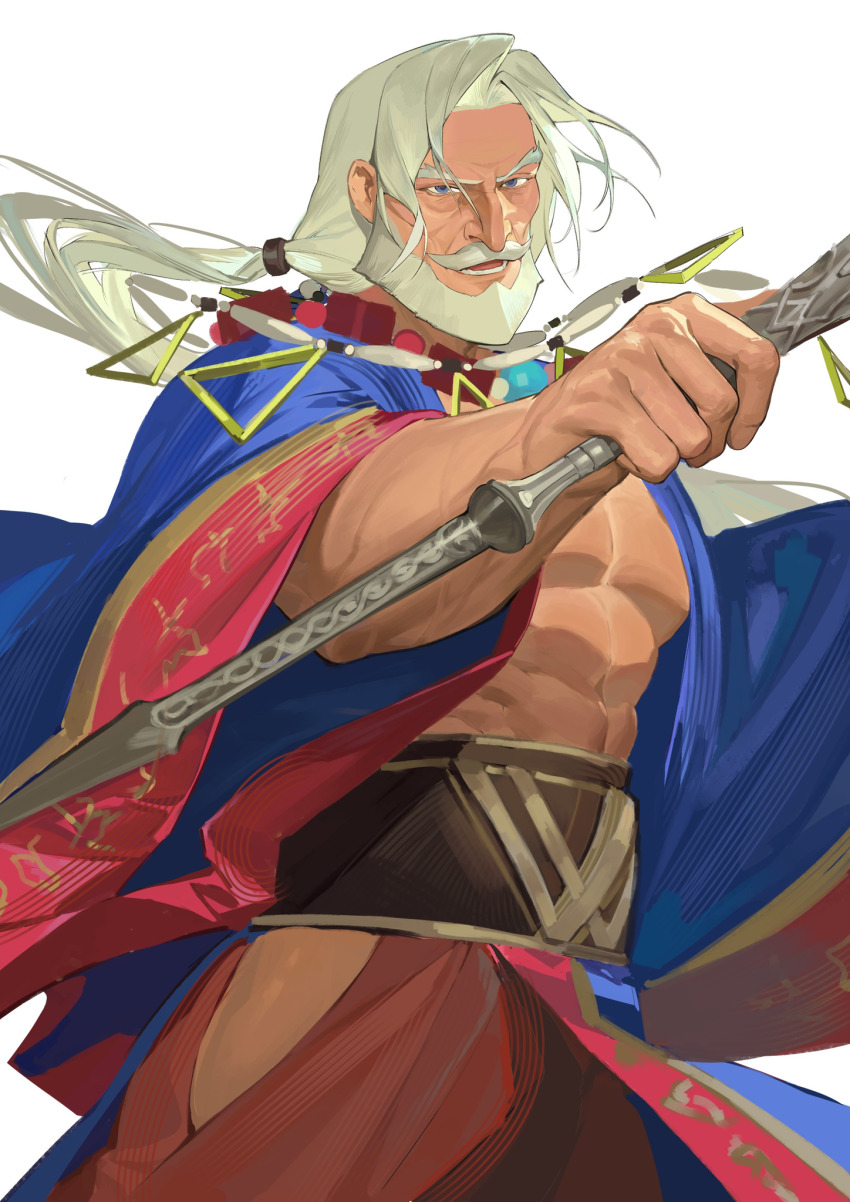 1boy abs bara beard bingansuan_jiamouren clothing_cutout cropped_arms facial_hair highres holding holding_weapon jp_(street_fighter) long_hair looking_at_viewer male_focus mature_male multicolored_clothes muscular muscular_male mustache old old_man open_clothes open_robe outstretched_hand pectorals ponytail raised_eyebrow robe simple_background solo street_fighter street_fighter_6 thigh_cutout upper_body veins veiny_arms weapon white_background white_hair