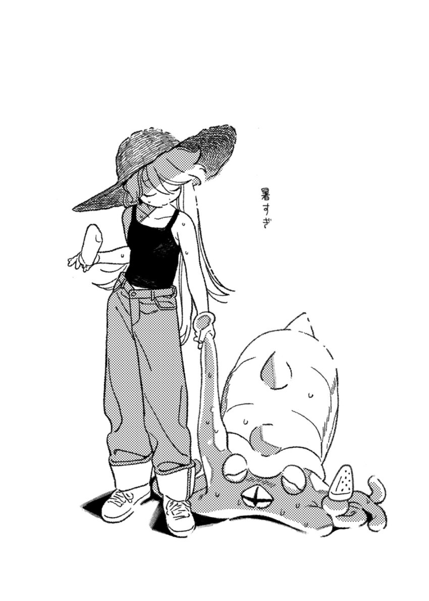 1girl blush closed_eyes creatures_(company) facing_down food full_body game_freak gen_1_pokemon greyscale hat highres holding holding_food holding_popsicle holding_tentacle long_hair monochrome nintendo omastar pants pants_rolled_up pokemon pokemon_(creature) pokemon_adventures popsicle seirakun3 shoes simple_background sneakers solo straw_hat sun_hat sweat tank_top tentacles very_sweaty watermelon_bar yellow_(pokemon)