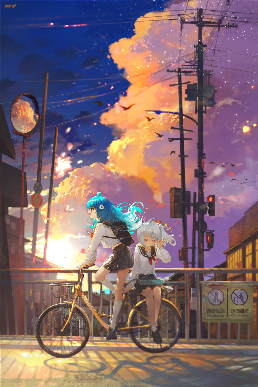 2girls ahoge backpack bag bicycle bili_girl_22 bili_girl_33 bilibili bird black_bag black_bird black_footwear black_sailor_collar black_skirt blue_bag blue_hair blue_sky character_hair_ornament closed_eyes cloud copyright_notice flock from_side full_body grey_hair hair_ornament hair_ribbon hand_in_own_hair highres house kneehighs light_particles long_hair long_sleeves midriff_peek miniskirt multiple_girls neckerchief no_symbol open_mouth outdoors parted_lips petals pleated_skirt railing red_eyes red_neckerchief red_ribbon ribbon riding riding_bicycle road_sign sailor_collar scenery school_uniform serafuku shirt shoes shoulder_bag side_ponytail sign simple_bird sitting skirt sky smile socks sunset teeth traffic_light tree upper_teeth_only uwabaki warning_sign white_shirt white_socks wind wu_xiao_xian xiao_dianshi